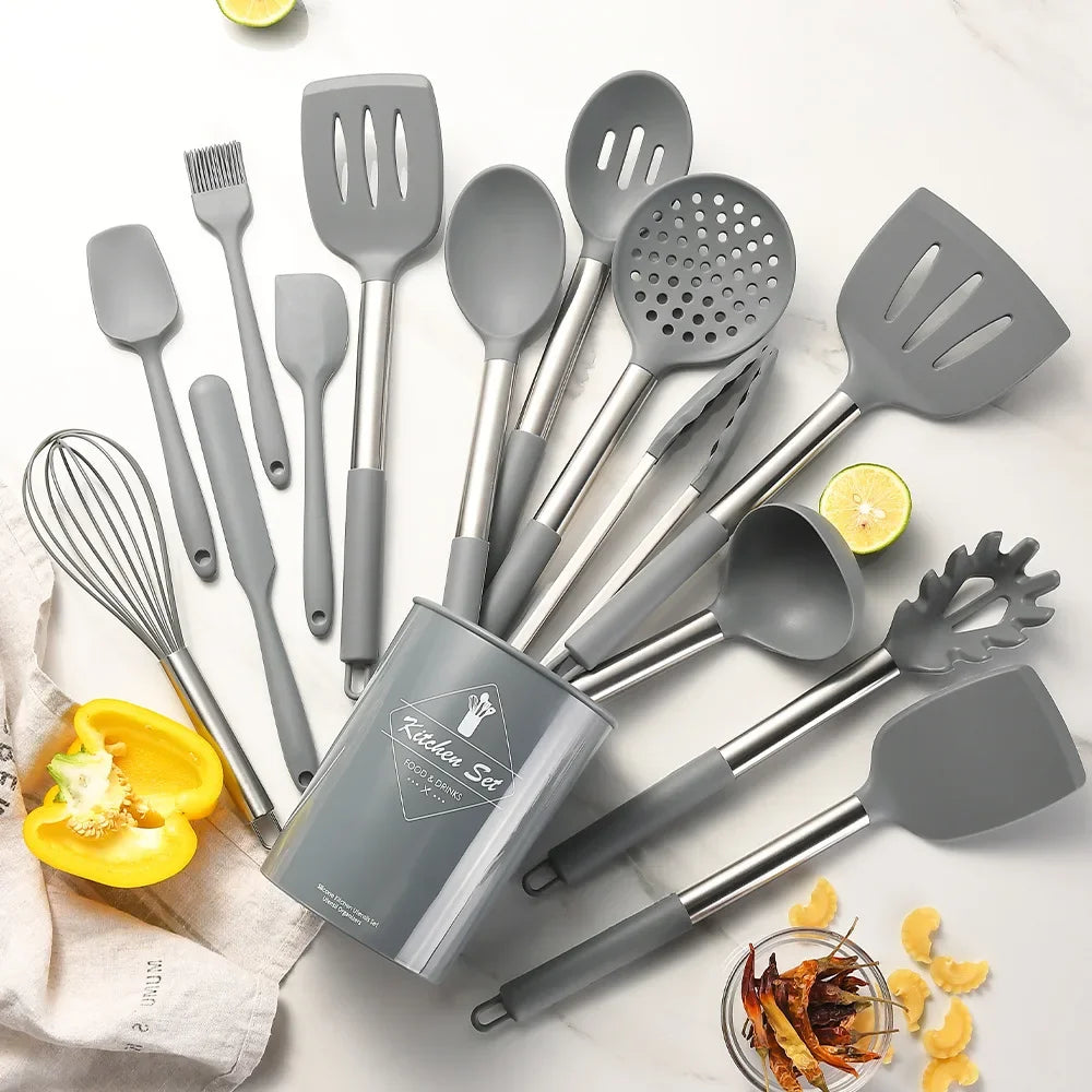 15Pcs Black Silicone Kitchen Utensils Set Non-Stick Cookware Stainless Steel Handle Spatula Egg Beaters Kitchenware Accessories