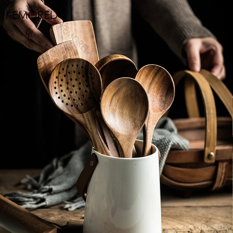 Conjunto de utensílios de cozinha 4/7 peças em madeira natura de teca