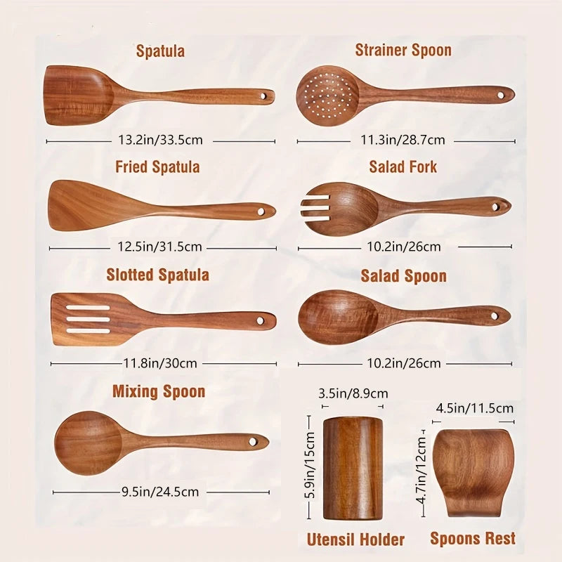 Conjunto de Utensílios de Cozinha em Madeira Teak – 9 Peças com Suporte para Colheres e Espátulas
