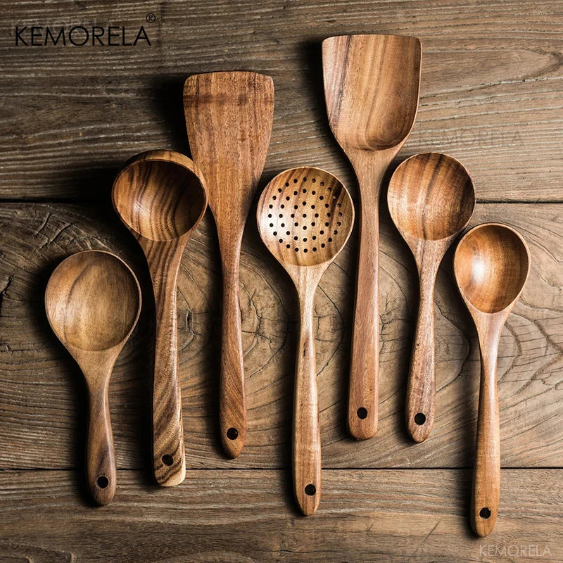 Conjunto de utensílios de cozinha 4/7 peças em madeira natura de teca