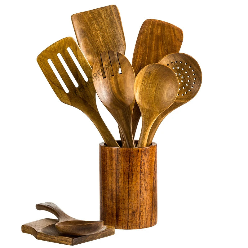 Conjunto de Utensílios de Cozinha em Madeira Teak – 9 Peças com Suporte para Colheres e Espátulas