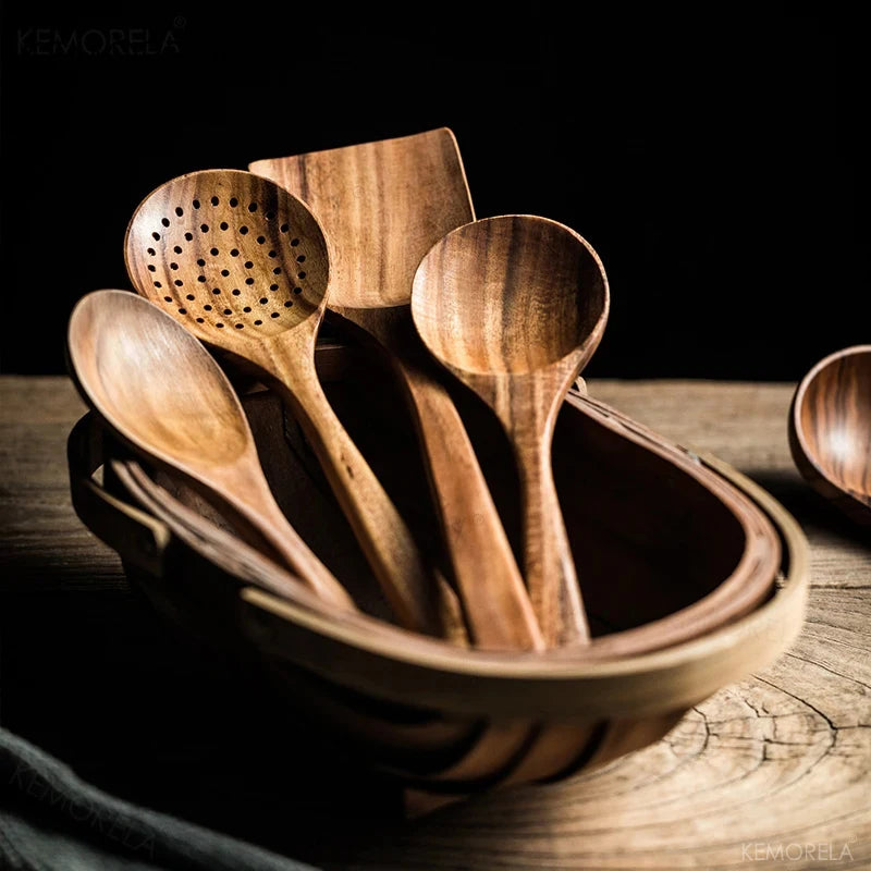 Conjunto de utensílios de cozinha 4/7 peças em madeira natura de teca