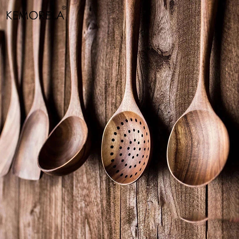 4/7PCS Thai Natural Tableware Wooden Spoon Wooden Shovel Filter Pot Soup Skimming Spoon Cooking Spoon Washable Kitchen Tool Set