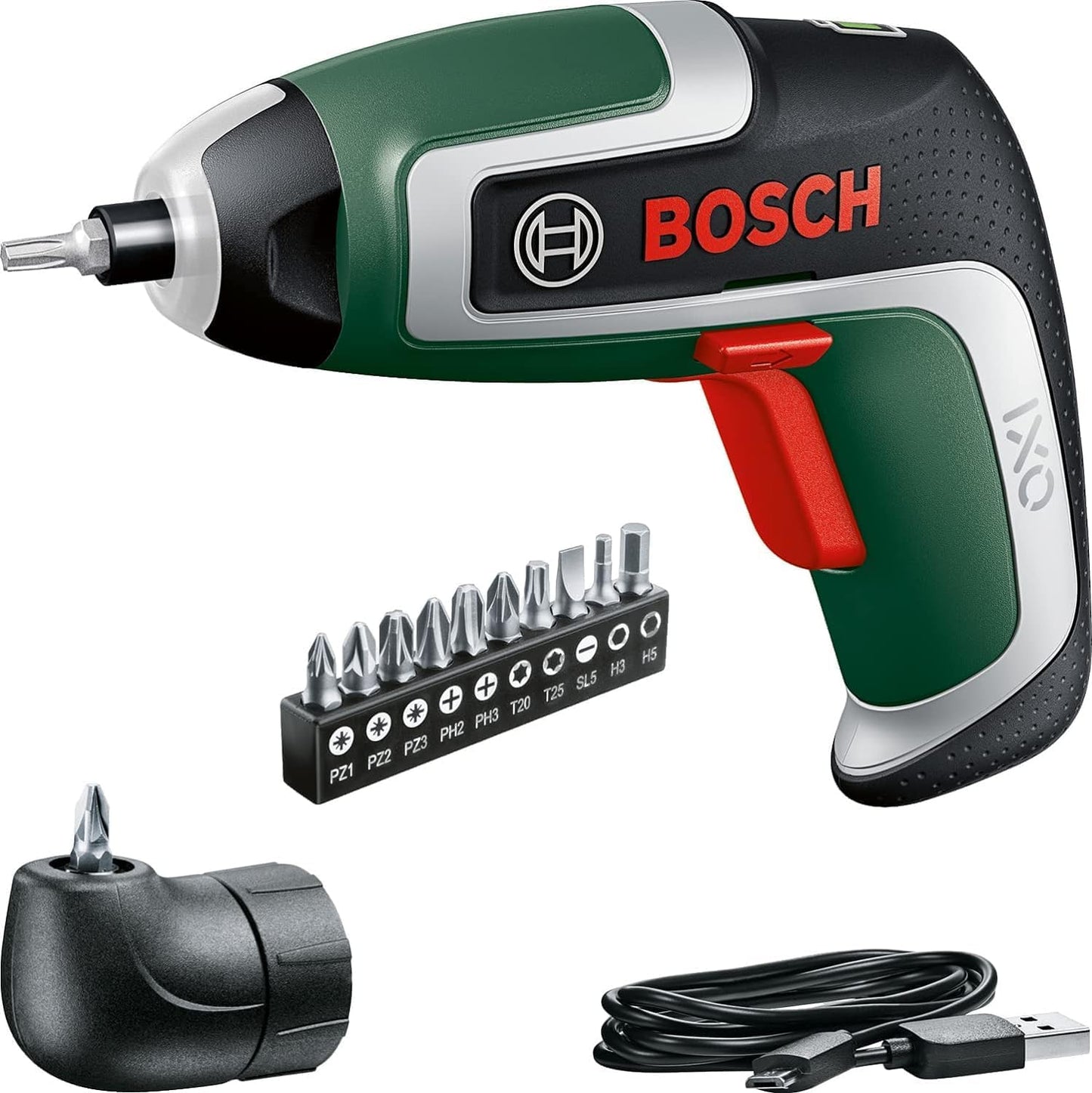 Juego de destornilladores compactos Bosch Home and Garden IXO tornillador (7ª generación; 3,6 V; 2,0 Ah; 5,5 Nm; adaptador de destornillador en ángulo; con cable micro USB; atornillar hasta 190 tornillos; caja) 