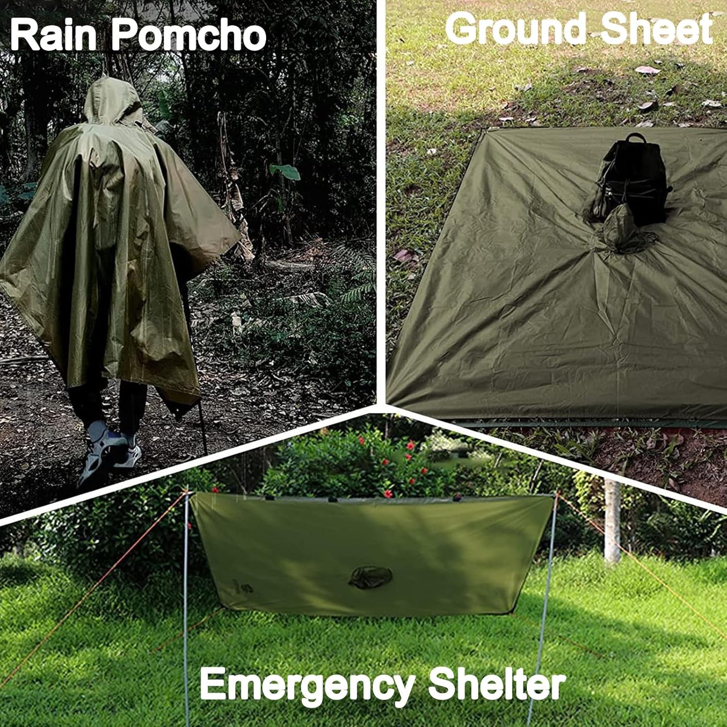 Poncho de chuva impermeável 3 em 1 capa de chuva multifuncional respirável ultra-fino/toldo manta / tapete de campismo, leve reutilizável verde