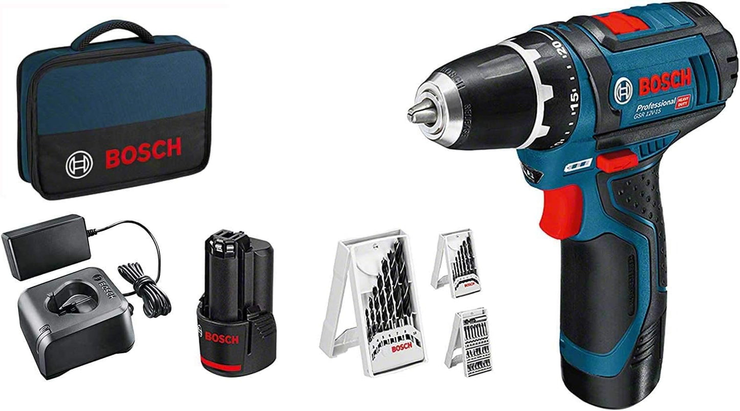 Aparafusadora Bosch Profissional 12V System GSR 12 V-15 (30 Nm, com 39 acessórios, 2 baterias x 2,0 Ah, em bolsa de lona)