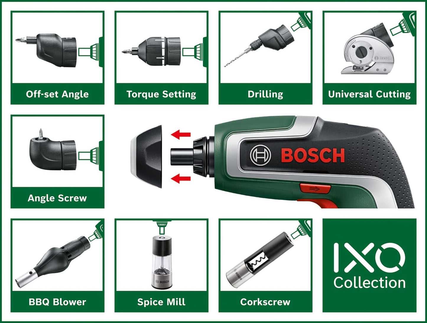 Juego de destornilladores compactos Bosch Home and Garden IXO tornillador (7ª generación; 3,6 V; 2,0 Ah; 5,5 Nm; adaptador de destornillador en ángulo; con cable micro USB; atornillar hasta 190 tornillos; caja) 