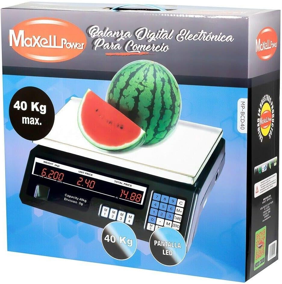 Báscula Comercial Digital 40kg para Frutas y Verduras con Batería Integrada