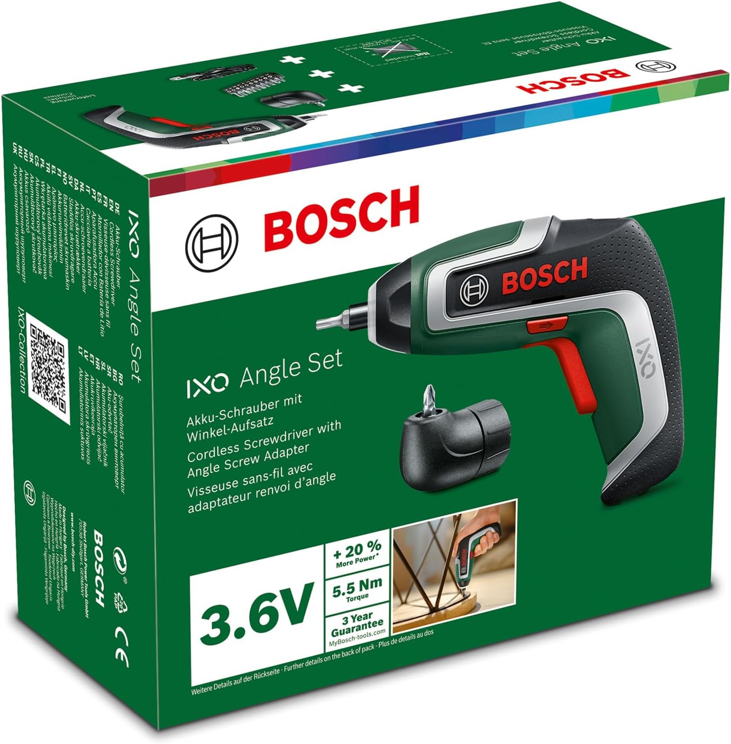 Juego de destornilladores compactos Bosch Home and Garden IXO tornillador (7ª generación; 3,6 V; 2,0 Ah; 5,5 Nm; adaptador de destornillador en ángulo; con cable micro USB; atornillar hasta 190 tornillos; caja) 