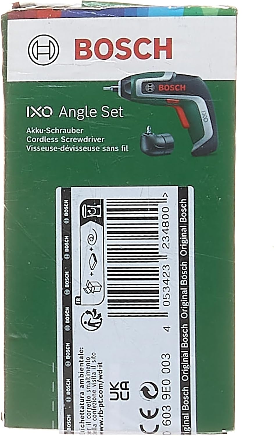 Juego de destornilladores compactos Bosch Home and Garden IXO tornillador (7ª generación; 3,6 V; 2,0 Ah; 5,5 Nm; adaptador de destornillador en ángulo; con cable micro USB; atornillar hasta 190 tornillos; caja) 