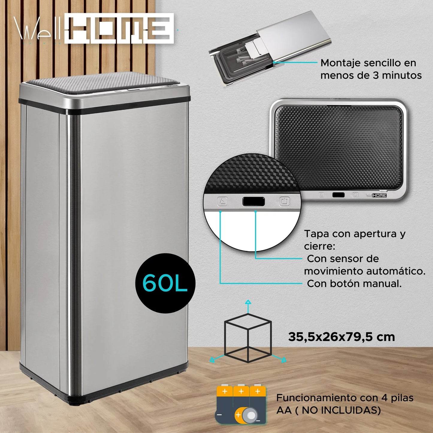 Balde do lixo inteligente Wellhome sem pernas - abertura automática e contacto manual - 40/50/60L