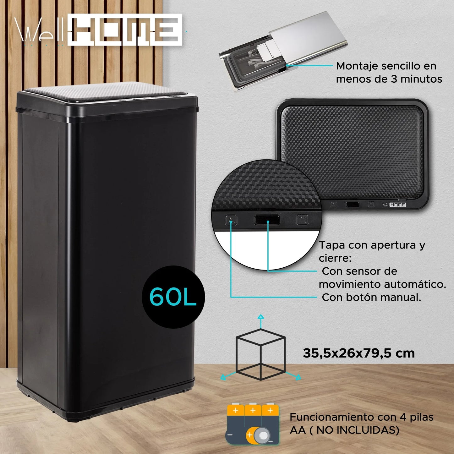 Balde do lixo inteligente Wellhome sem pernas - abertura automática e contacto manual - 40/50/60L