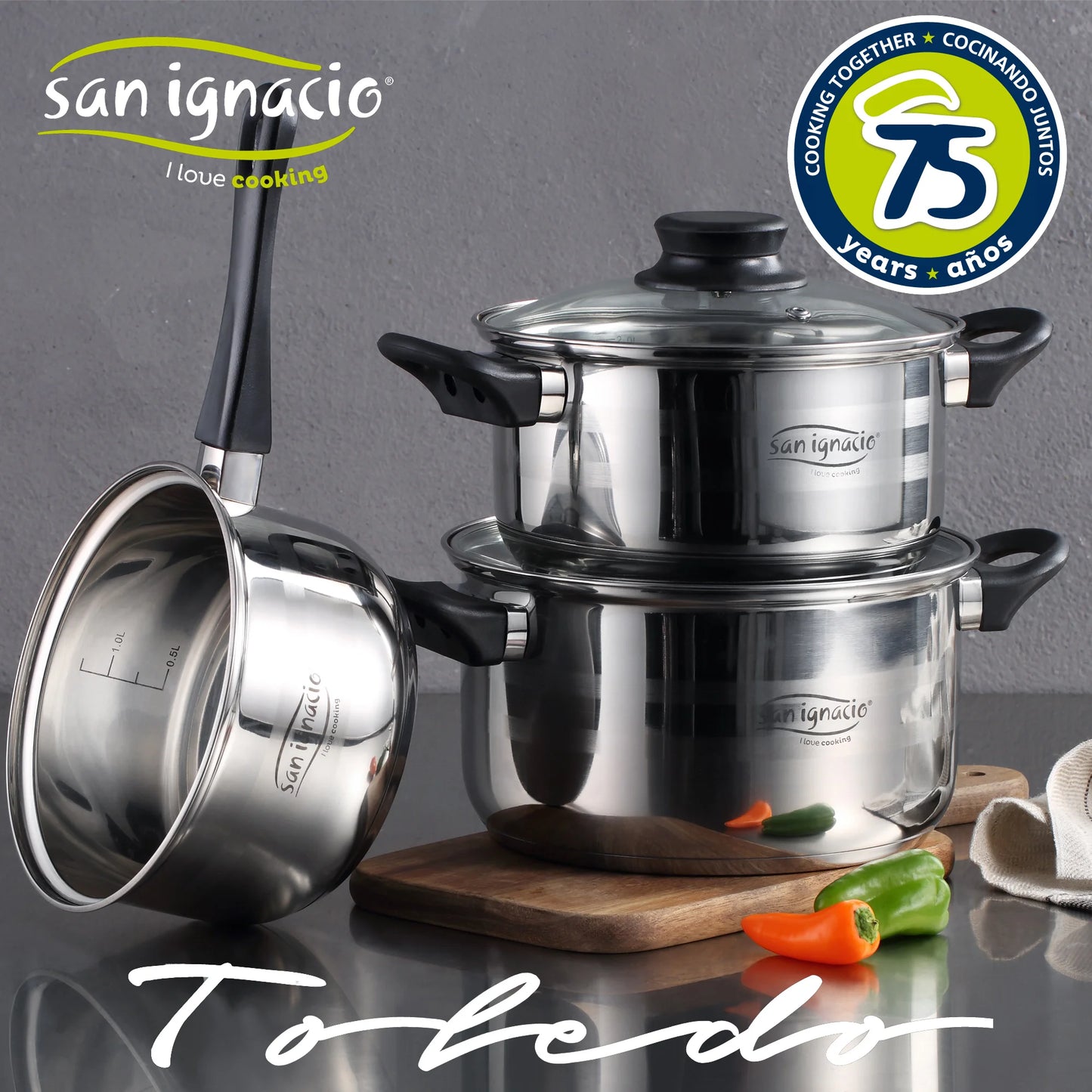 Conjunto de cozinha de 5 peças (3 panelas + 2 tampas) SAN IGNACIO Toledo em aço inoxidável