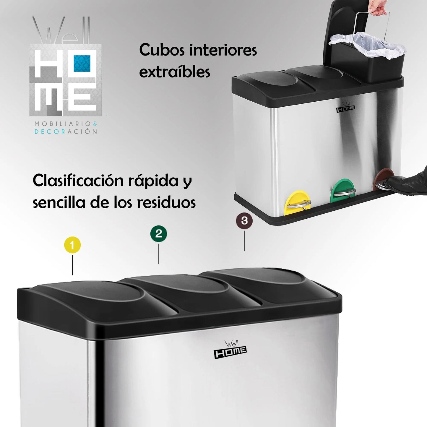 Balde de reciclagem ecológico 45 litros 3 compartimentos WELLHOME