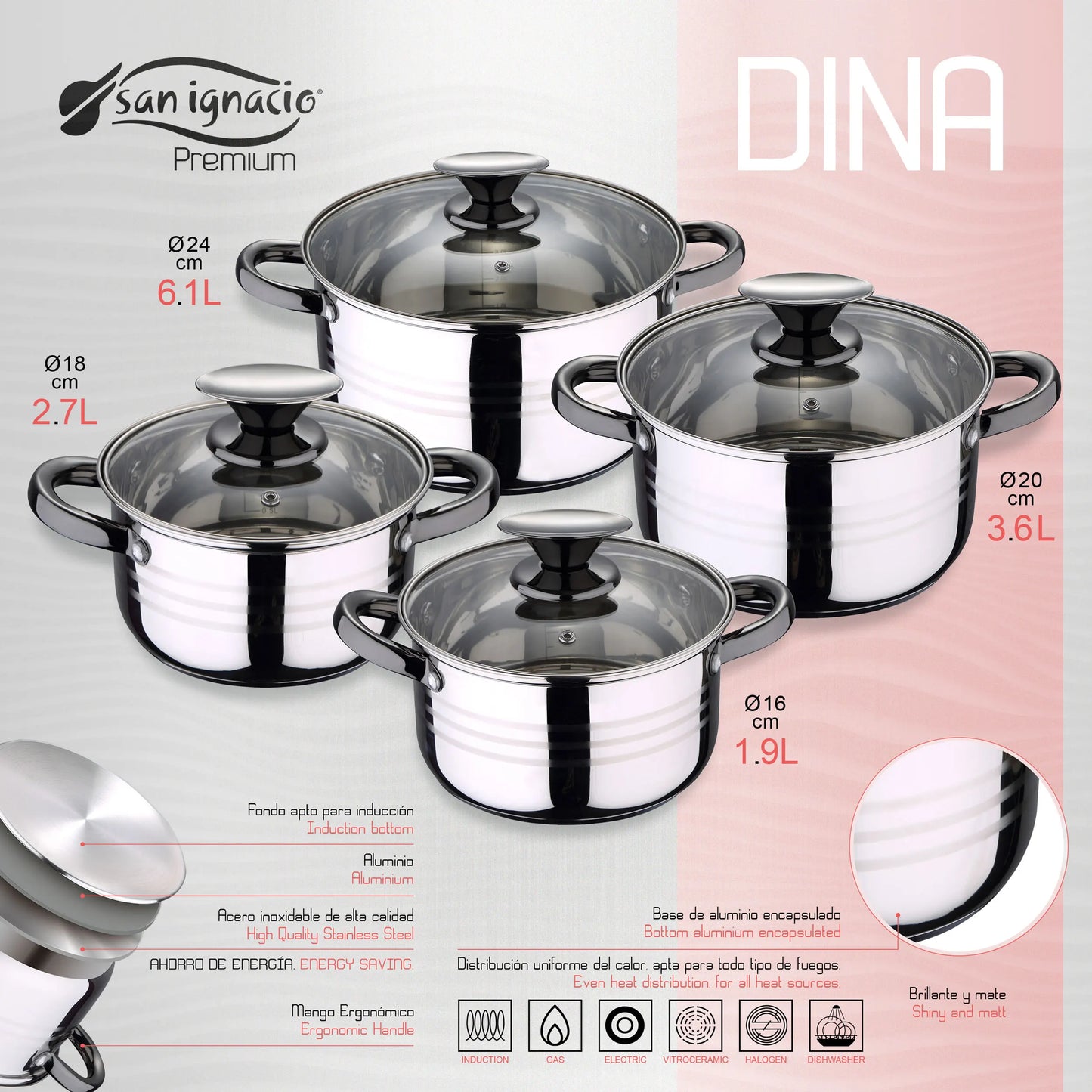 Conjunto de cozinha San Ignacio Premium 8 peças antiaderente com conjunto de panelas 16 20 24 cm  indução