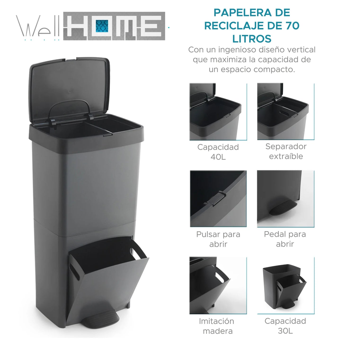 Balde do lixo Wellhome 70L (40L + 30L) Vertical 2 compartimentos com separador de resíduos