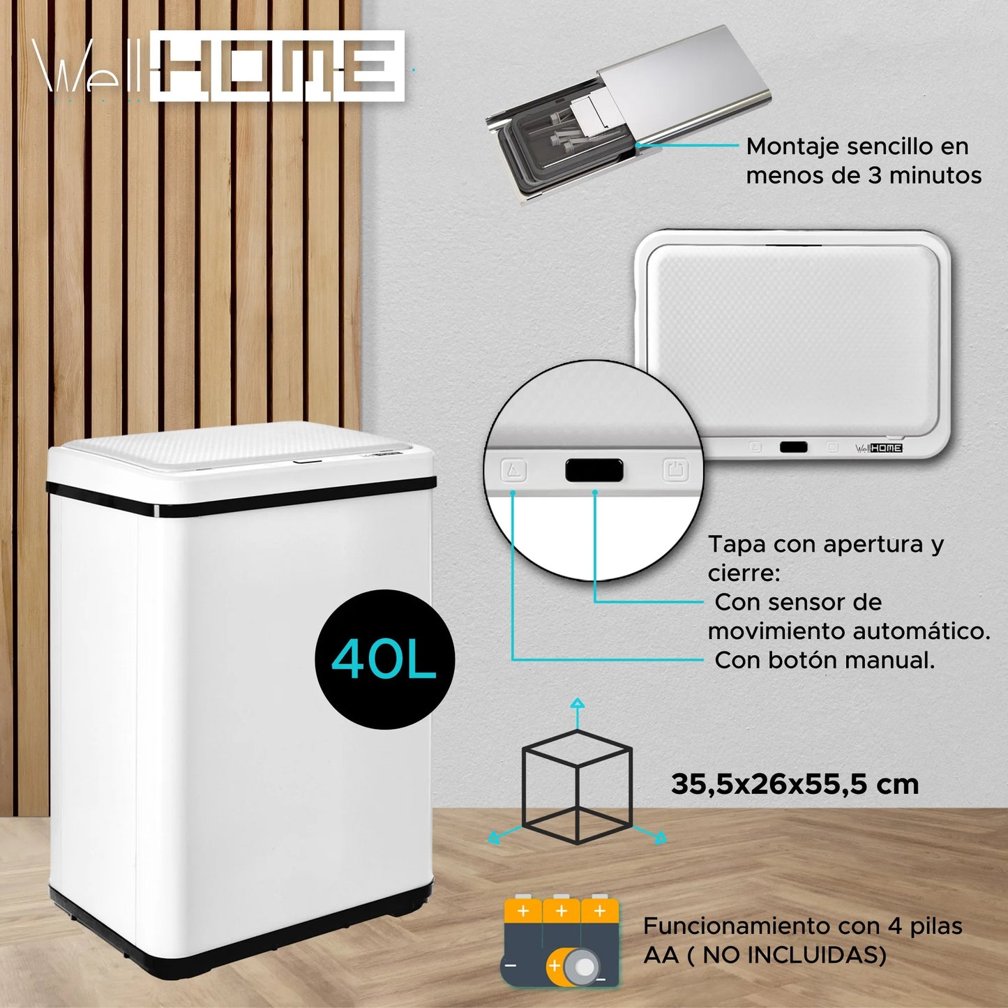 Balde do lixo inteligente Wellhome sem pernas - abertura automática e contacto manual - 40/50/60L