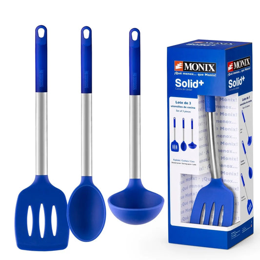 Monix Solid Plus - Set 3 utensils or kitchen accessories. Stainless steel and blue silicone spoon, Dipper and spatula