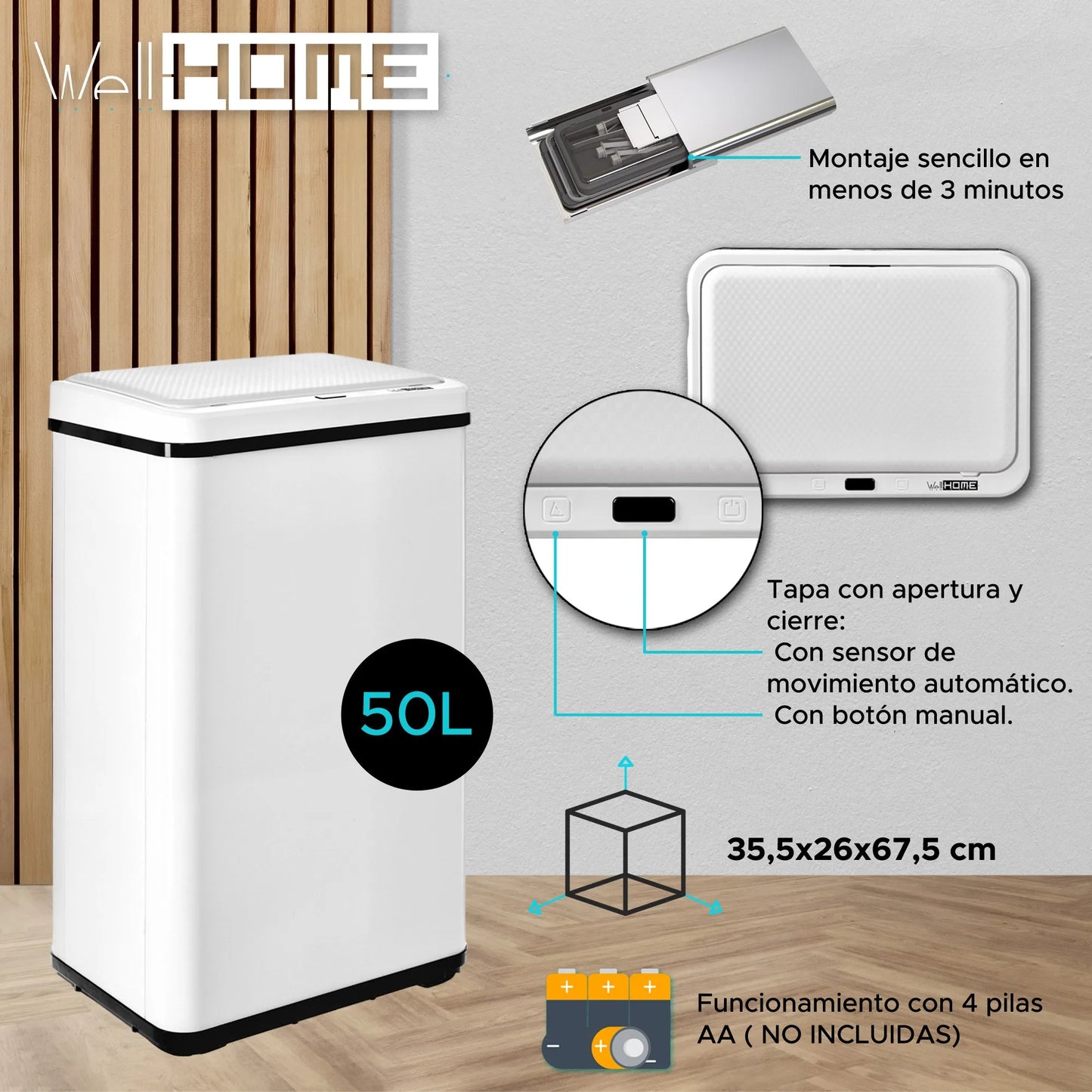 Balde do lixo inteligente Wellhome sem pernas - abertura automática e contacto manual - 40/50/60L