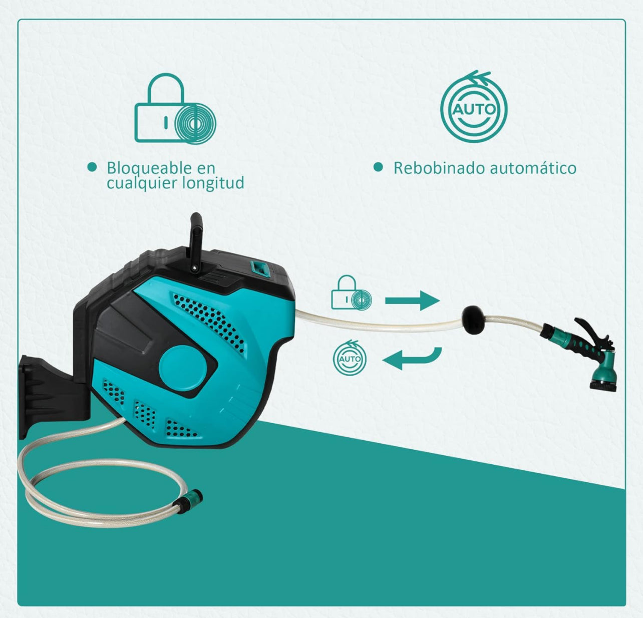 Enrolador bobine automático de mangueira 20m+1,95m para montagem em parede, com pistola multifunções de 7 modos, 180 graus giratório 52x43x24cm