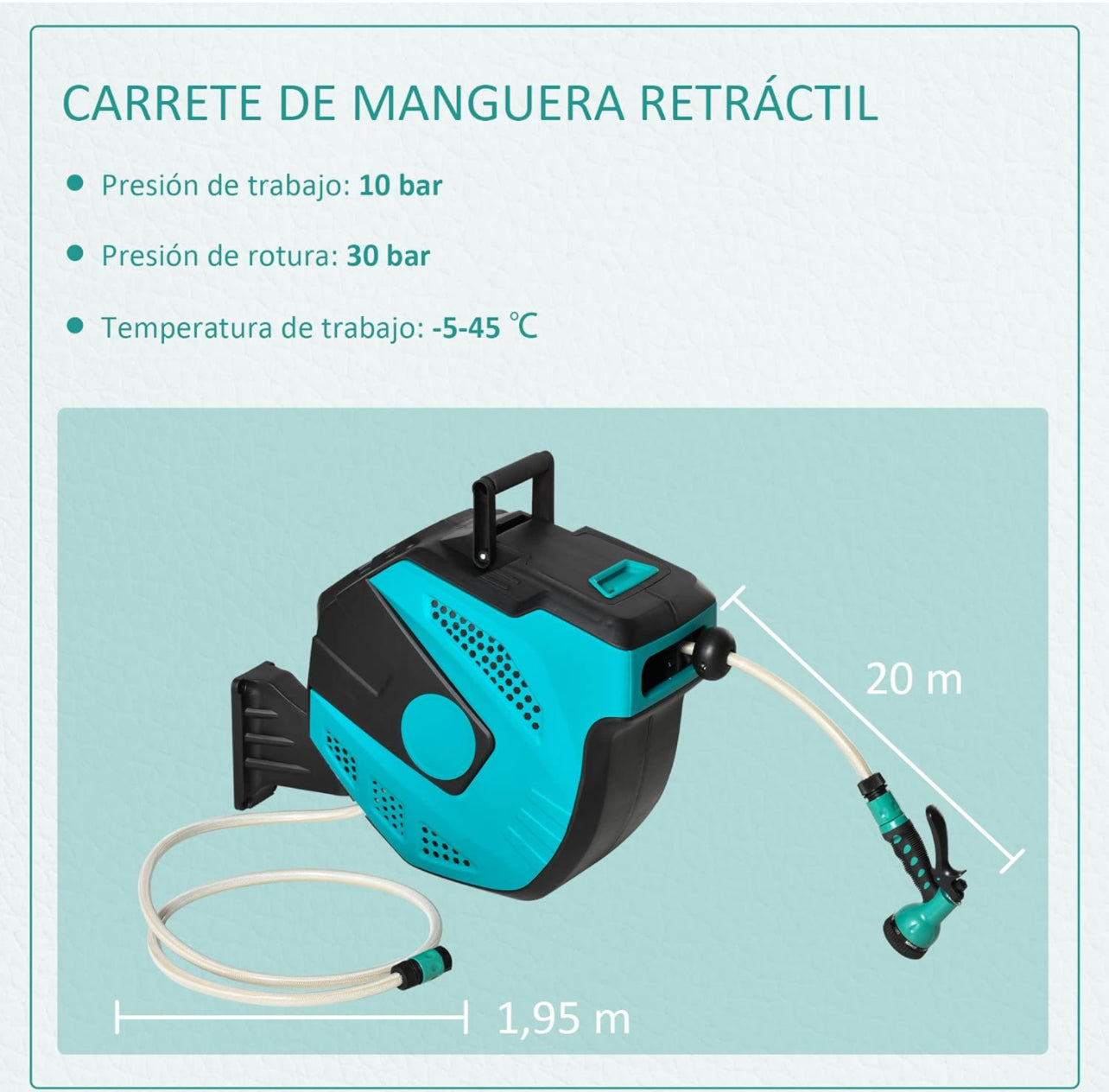 Enrolador bobine automático de mangueira 20m+1,95m para montagem em parede, com pistola multifunções de 7 modos, 180 graus giratório 52x43x24cm