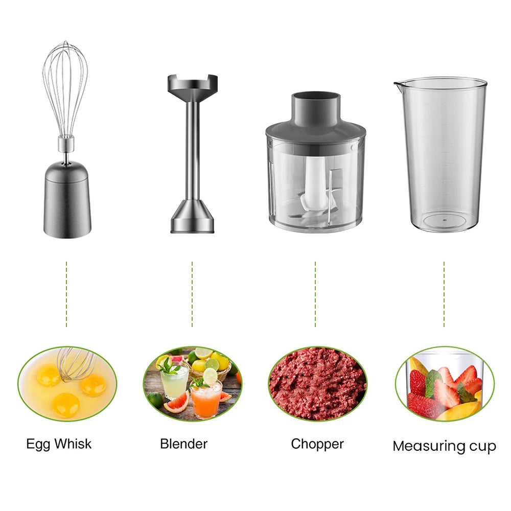 Liquidificador de imersão manual MIUI 1000W poderoso 4 em 1, misturador de alimentos em bastão de aço inoxidável, copo de mistura de 700ml, processador de 500ml, batedor