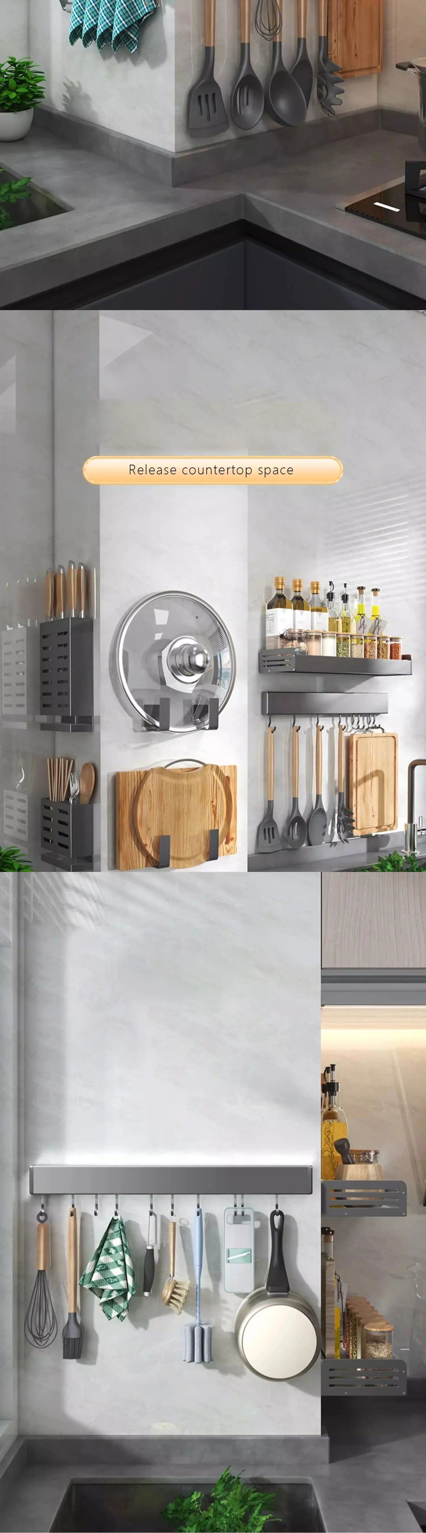 Wall Mounted Kitchen Cabinet Storage Rack Spoon Holder Spatula Organizer Shelves Cutting Board Shelf Kitchen Utensil Accessories