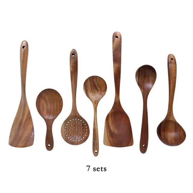 Conjunto de utensílios de cozinha 4/7 peças em madeira natura de teca