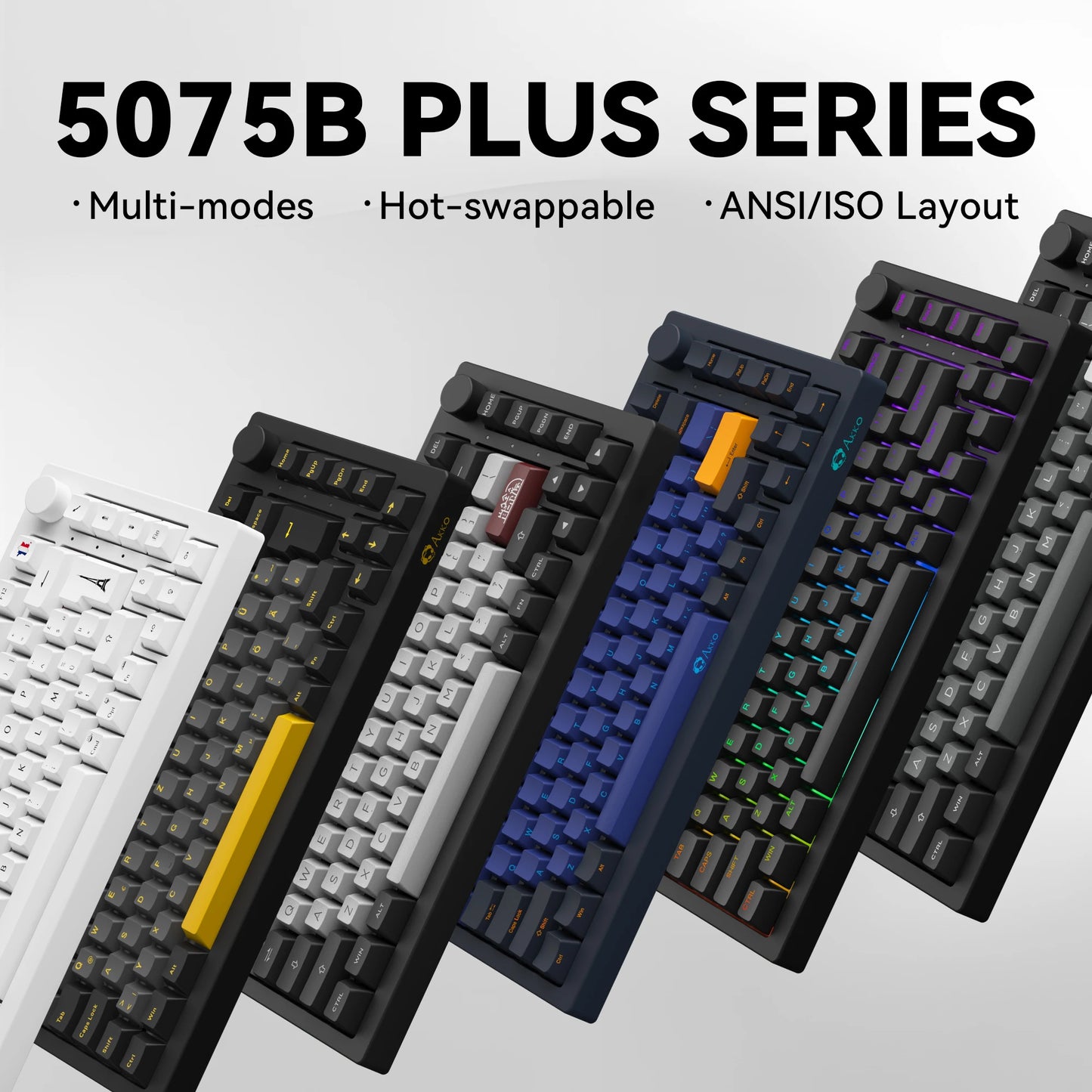 Akko 5075B Plus ANSI/ISO 75% Teclado mecânico para jogos 3/5 pinos Hot Swap três modos RGB 2,4 GHz sem fios/USB tipo C/BT 5.0