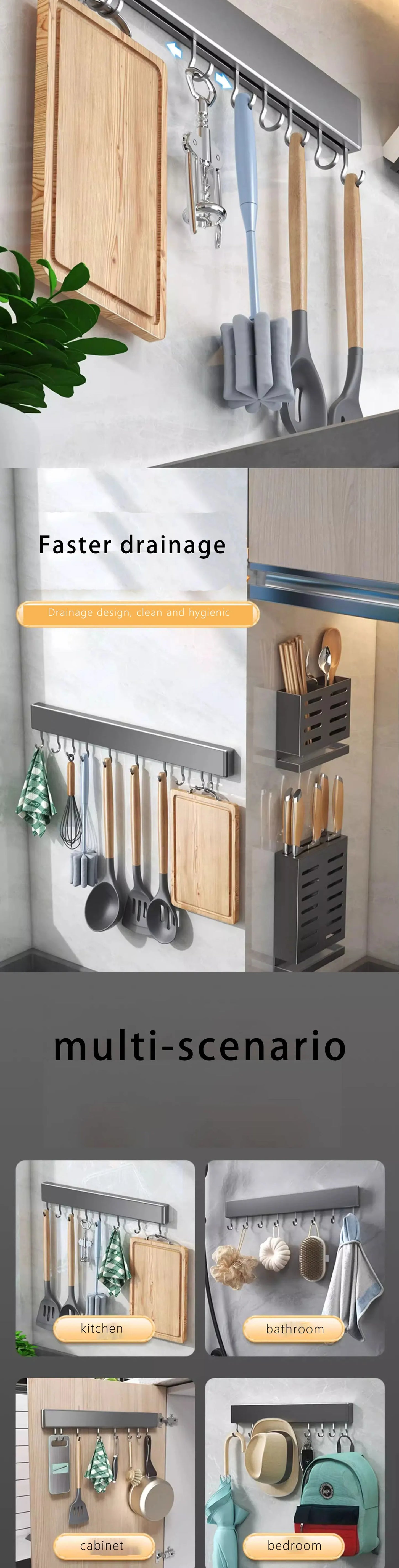 Wall Mounted Kitchen Cabinet Storage Rack Spoon Holder Spatula Organizer Shelves Cutting Board Shelf Kitchen Utensil Accessories