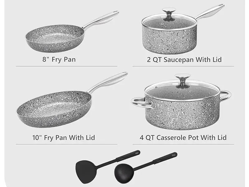 Conjunto de panelas e frigideiras de 8 peças em pedra com resultados super antiaderentes