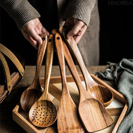 Conjunto de utensílios de cozinha 4/7 peças em madeira natura de teca
