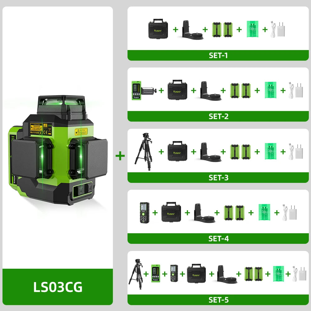 Nível de laser 3D Huepar 12 linhas verdes autonivelante 3x360 ° linha horizontal e vertical Osram com estojo rígido 2 baterias de íon de lítio