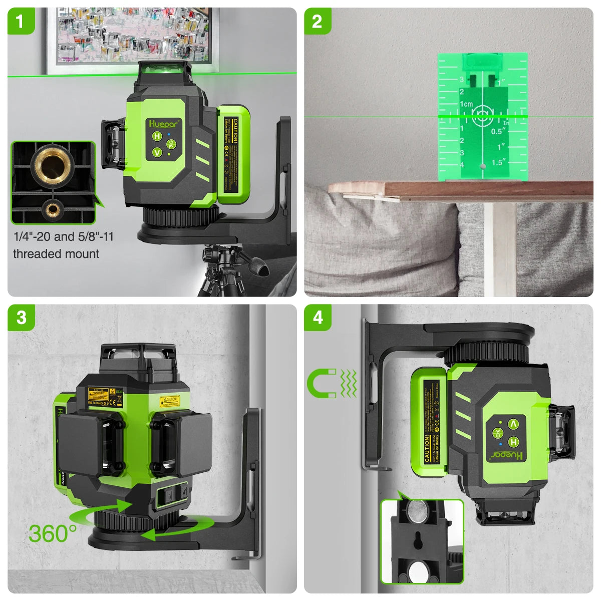 Nível de laser 3D Huepar 12 linhas verdes autonivelante 3x360 ° linha horizontal e vertical Osram com estojo rígido 2 baterias de íon de lítio