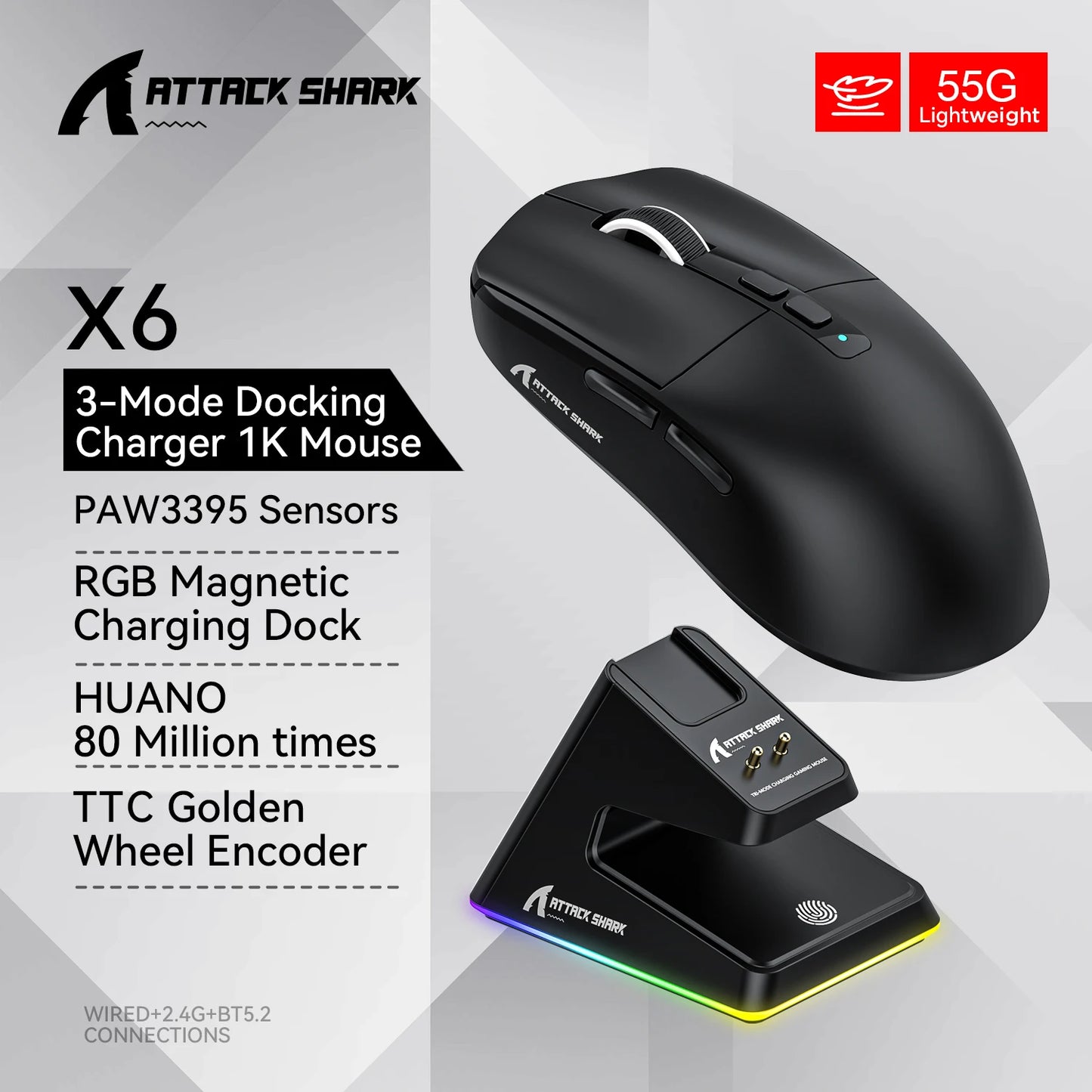 Rato Bluetooth Attack Shark X6 PAW3395 – Tri-Modo com Base de Carregamento RGB e Funções Avançadas para Jogos