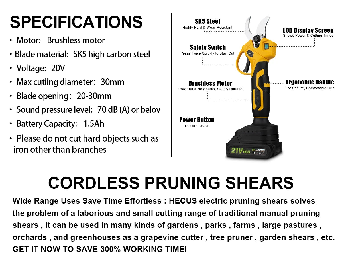 Tesoura de poda elétrica sem escovas Brushless com capacidade de corte de 30mm