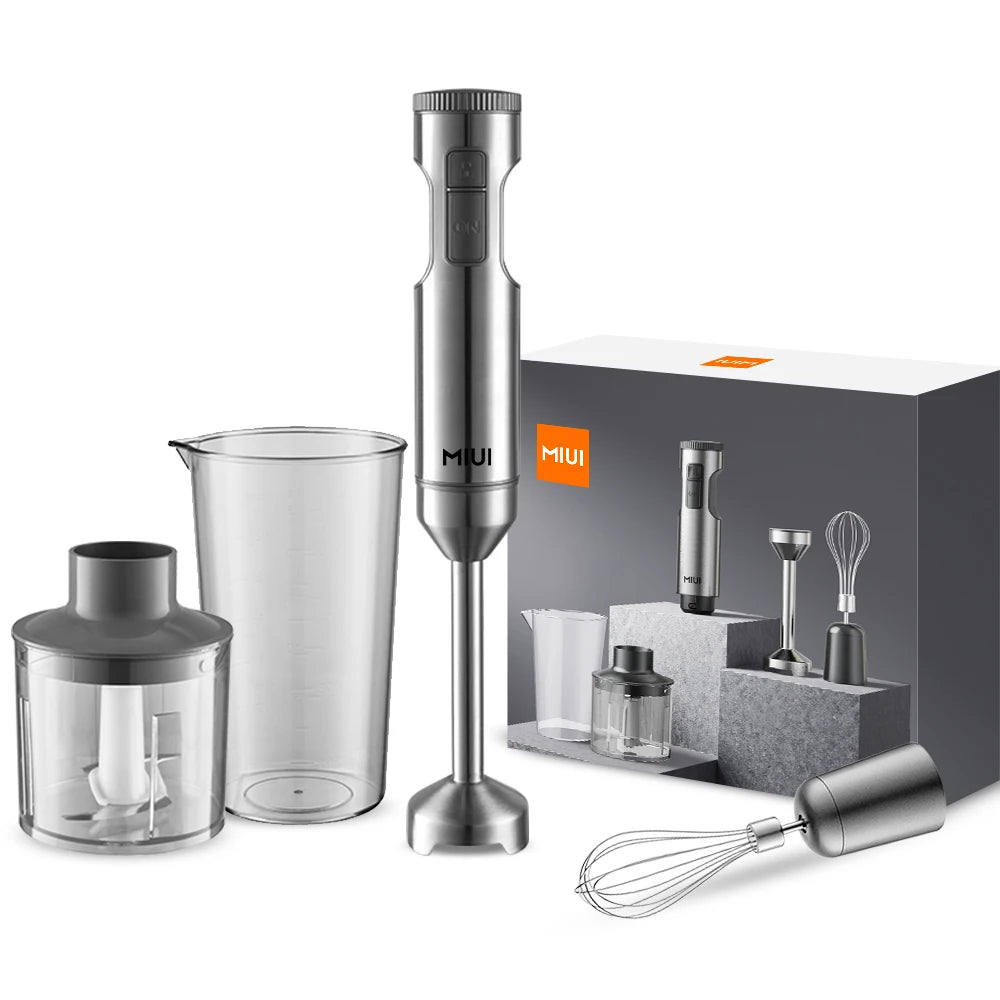 Liquidificador de imersão manual MIUI 1000W poderoso 4 em 1, misturador de alimentos em bastão de aço inoxidável, copo de mistura de 700ml, processador de 500ml, batedor