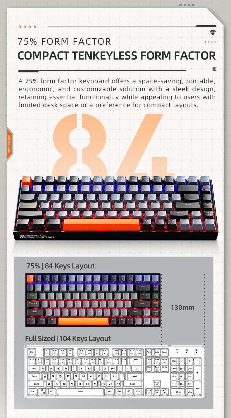 Teclado Mecânico Machenike K500A-B84 TKL 75% com Fio, Hot-Swappable e Retroiluminação RGB - 84 Teclas para PC e Gamers Portáteis