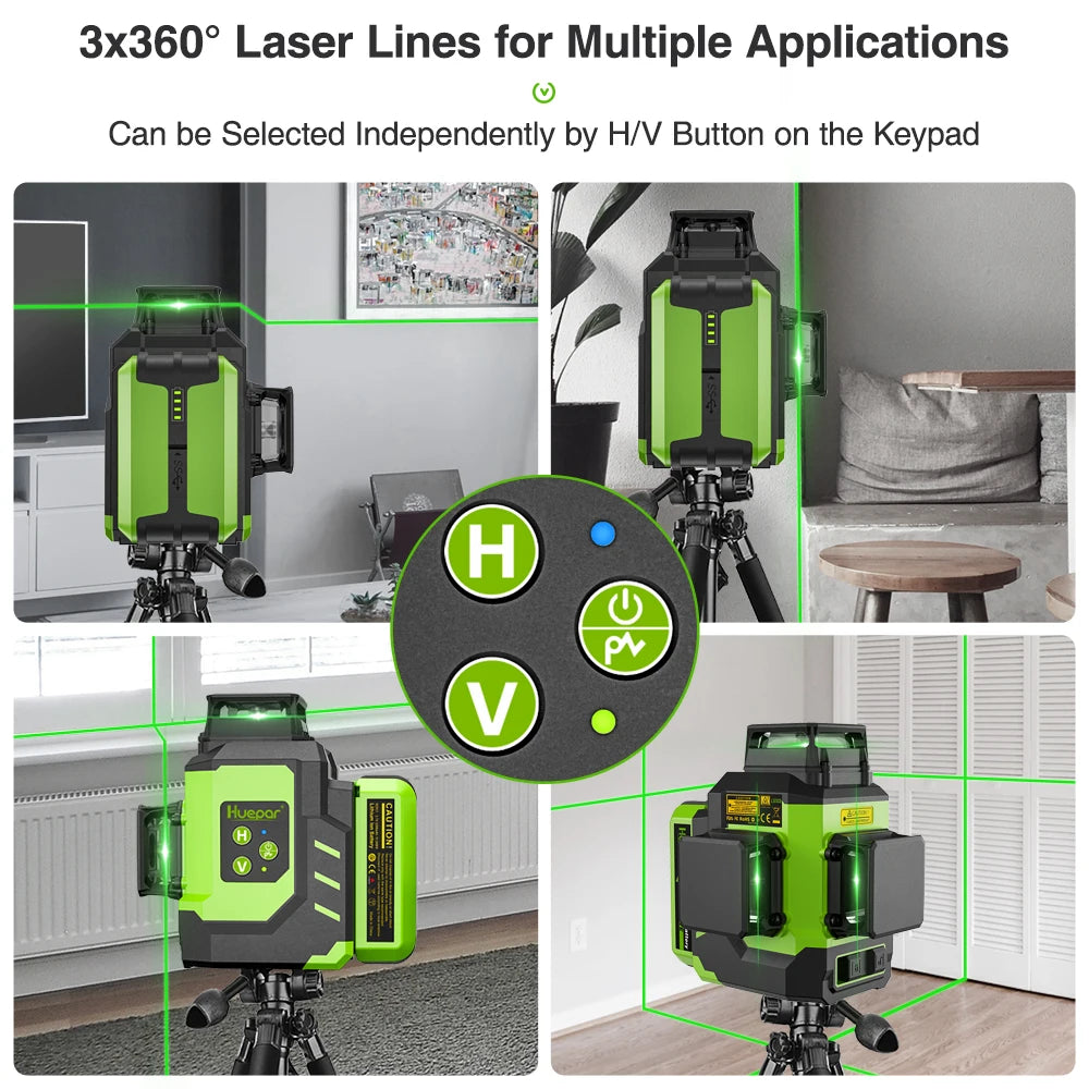 Nível de laser 3D Huepar 12 linhas verdes autonivelante 3x360 ° linha horizontal e vertical Osram com estojo rígido 2 baterias de íon de lítio