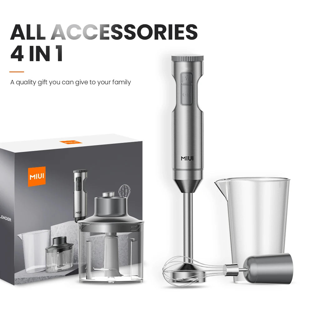 Liquidificador de imersão manual MIUI 1000W poderoso 4 em 1, misturador de alimentos em bastão de aço inoxidável, copo de mistura de 700ml, processador de 500ml, batedor