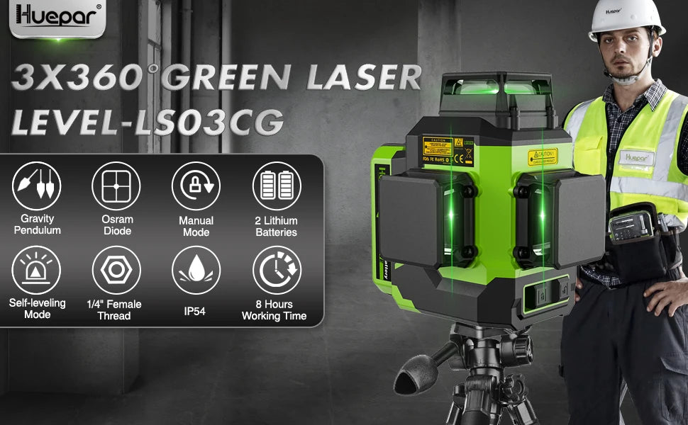 Nível de laser 3D Huepar 12 linhas verdes autonivelante 3x360 ° linha horizontal e vertical Osram com estojo rígido 2 baterias de íon de lítio