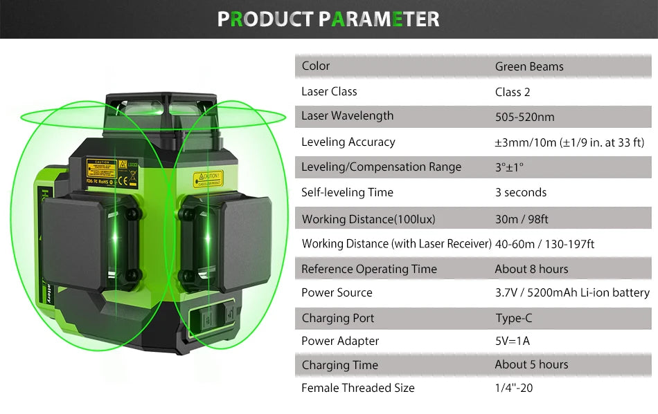 Nível de laser 3D Huepar 12 linhas verdes autonivelante 3x360 ° linha horizontal e vertical Osram com estojo rígido 2 baterias de íon de lítio