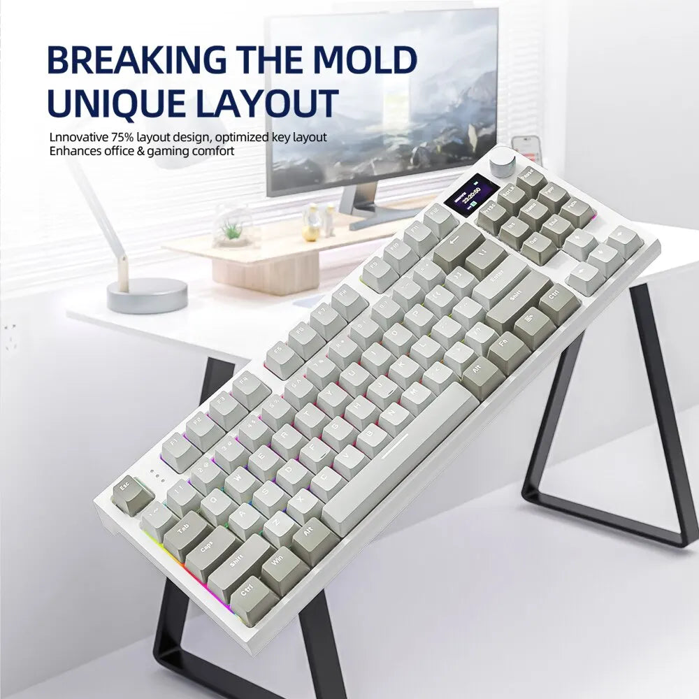 Teclado Mecânico K86 Hot-Swappable sem Fios Bluetooth/2.4G com Ecrã de Visualização e Botão Rotativo de Volume para Jogos e Trabalho