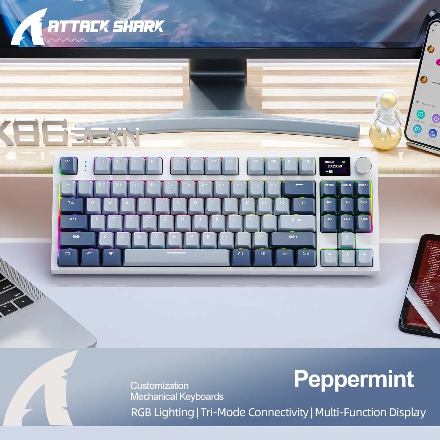 Teclado Mecânico K86 Hot-Swappable sem Fios Bluetooth/2.4G com Ecrã de Visualização e Botão Rotativo de Volume para Jogos e Trabalho