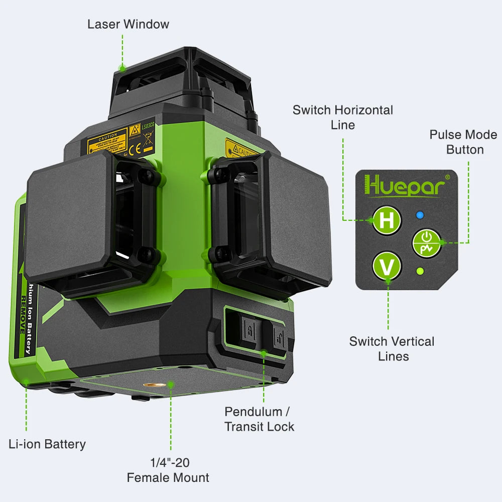 Nível de laser 3D Huepar 12 linhas verdes autonivelante 3x360 ° linha horizontal e vertical Osram com estojo rígido 2 baterias de íon de lítio