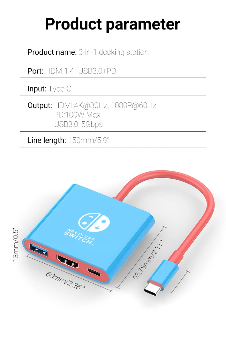 Estação de acoplamento Nintendo Switch portátil TYPE-C Hub com HDMI e USB 3.0 perfeito para viagens e jogos