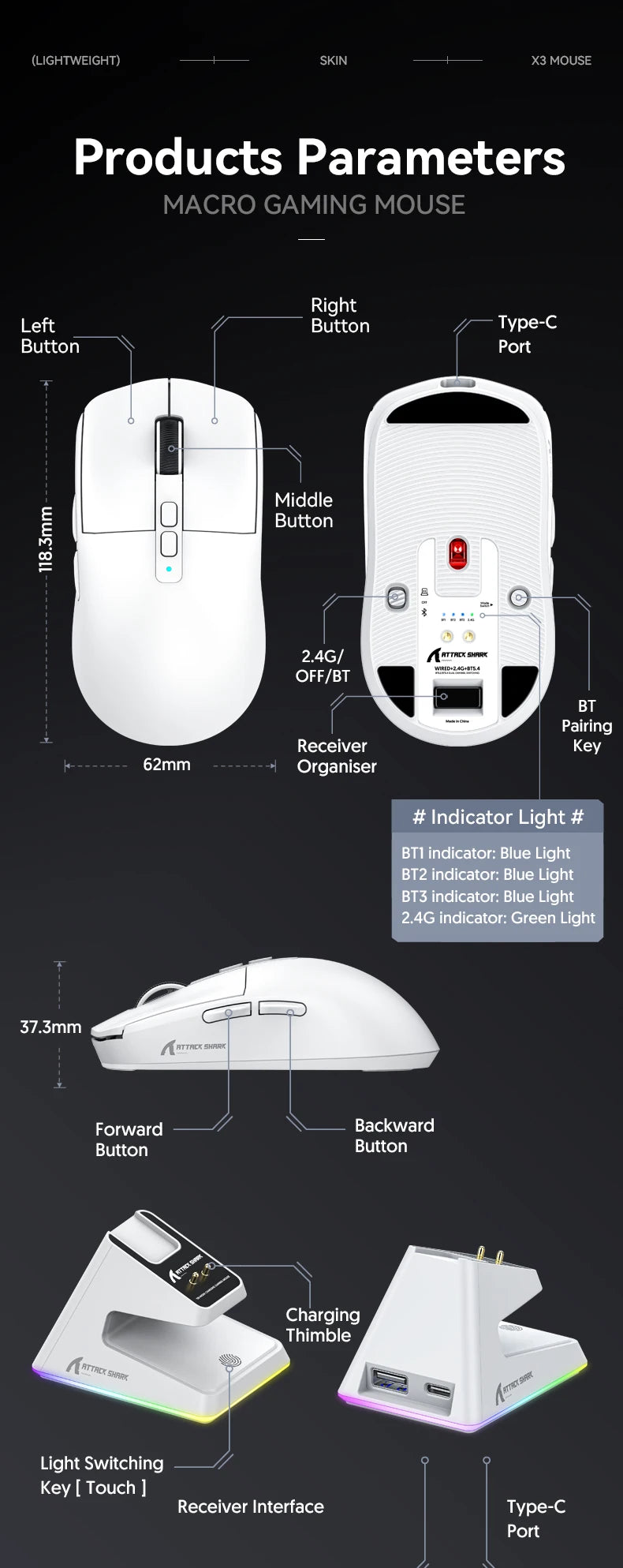 Rato Bluetooth Attack Shark X6 PAW3395 – Tri-Modo com Base de Carregamento RGB e Funções Avançadas para Jogos