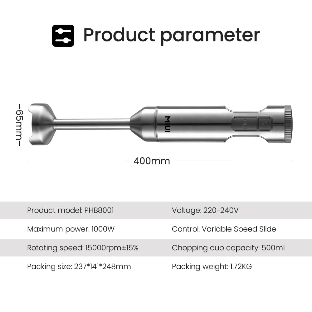 Liquidificador de imersão manual MIUI 1000W poderoso 4 em 1, misturador de alimentos em bastão de aço inoxidável, copo de mistura de 700ml, processador de 500ml, batedor