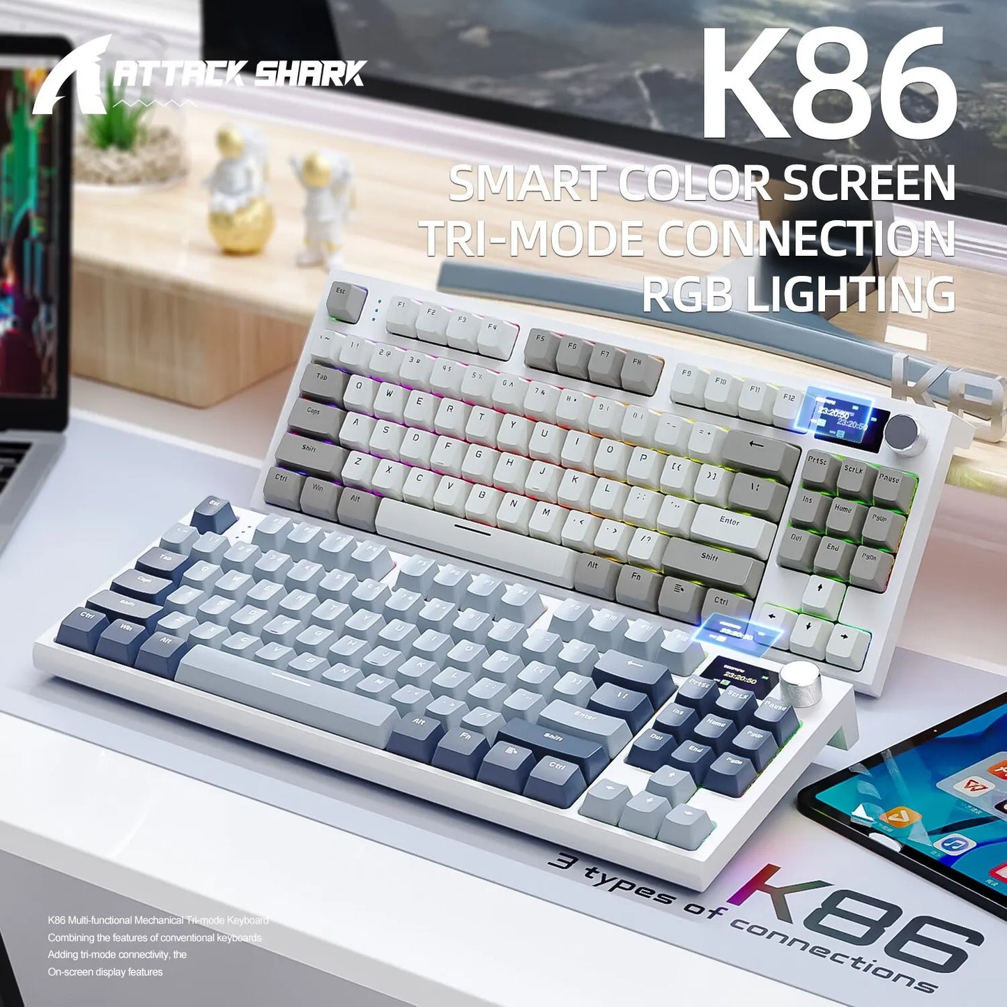 Teclado Mecânico K86 Hot-Swappable sem Fios Bluetooth/2.4G com Ecrã de Visualização e Botão Rotativo de Volume para Jogos e Trabalho