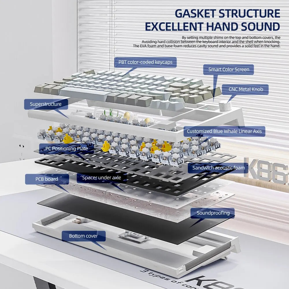Teclado Mecânico K86 Hot-Swappable sem Fios Bluetooth/2.4G com Ecrã de Visualização e Botão Rotativo de Volume para Jogos e Trabalho